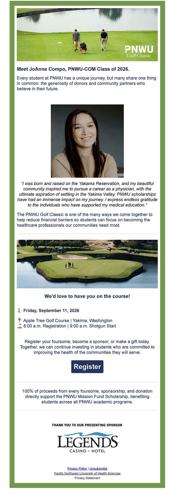 Screen Capture of an email for PNWU Golf Classic.